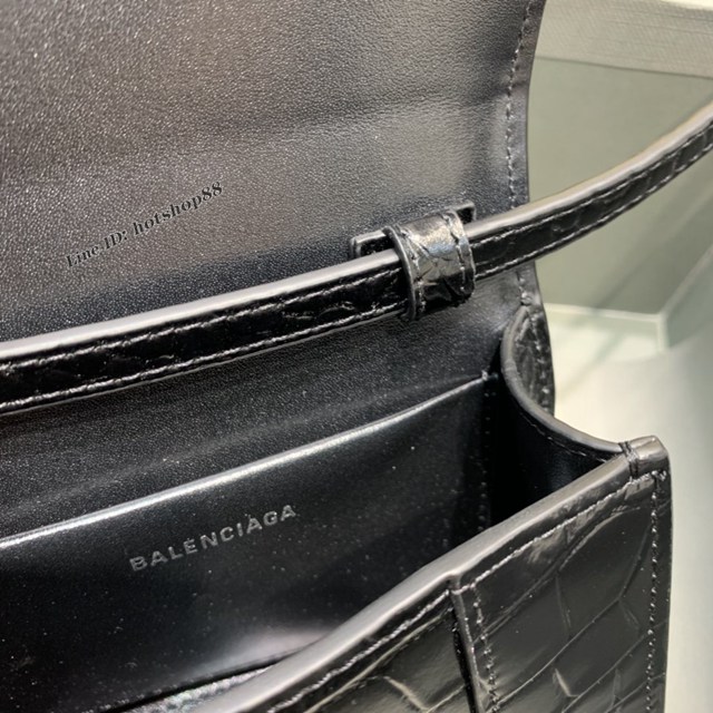 Balenciaga專櫃爆款迷你鱷魚黑配黑扣手提女包 巴黎世家mini Hourglass沙漏包 fyj1931